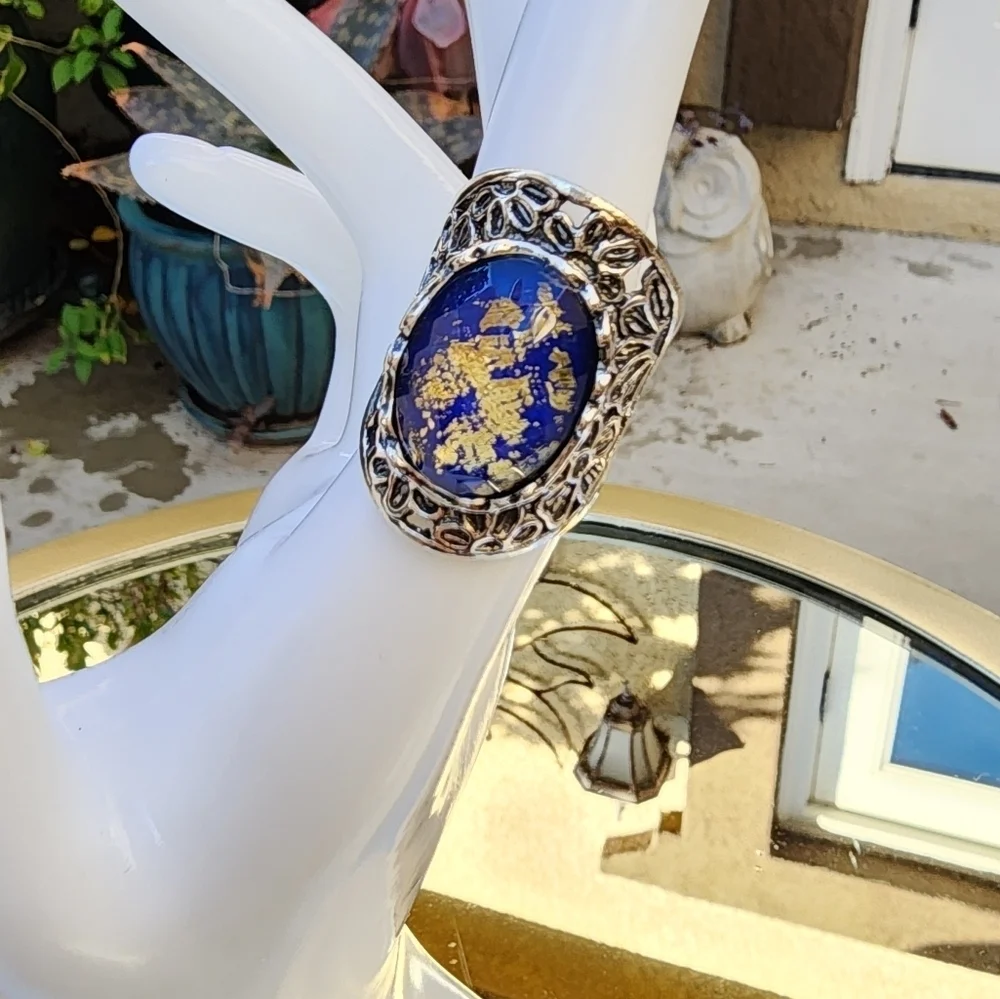 Paz Creations Blue Gold Glass Sterling Silver Ring Size 7